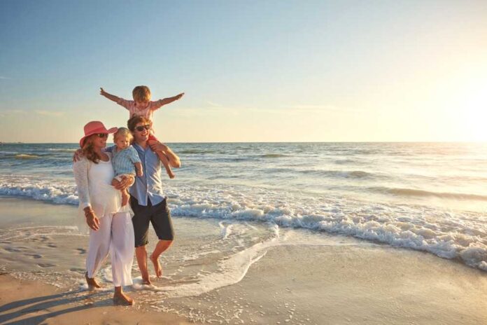 Happy,Family,,Beach,Holiday,And,Walking,,Smile,For,Vacation,On