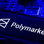 Polymarket logo displayed on a blue circuit board background