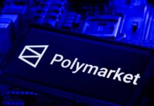 Polymarket logo displayed on a blue circuit board background