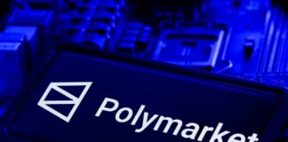 Polymarket logo displayed on a blue circuit board background