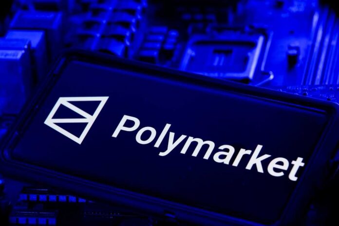 Polymarket logo displayed on a blue circuit board background