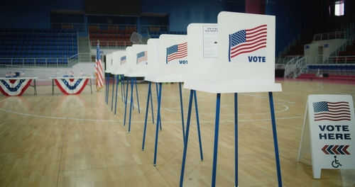 2454757817 Voting booths lined up in a gymnasium.