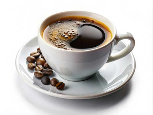 Cup of coffee with coffee beans on saucer