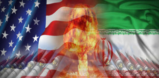 A composite image featuring the US and Iranian flags with a nuclear explosion in the center