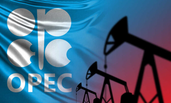 OPEC logo in front of an abstract flag background with oil rigs silhouettes