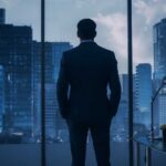 A man in a suit standing in an office looking out at a city skyline