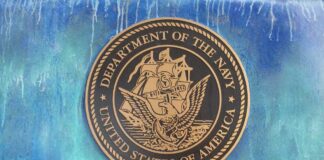 Bronze seal of the Department of the Navy against a blue background