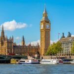 View of Big Ben and the Houses of Parliament along the River Thames in London