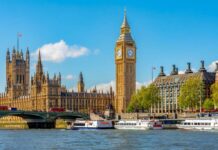 View of Big Ben and the Houses of Parliament along the River Thames in London