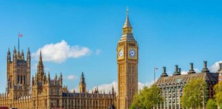 View of Big Ben and the Houses of Parliament along the River Thames in London