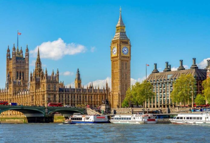 View of Big Ben and the Houses of Parliament along the River Thames in London