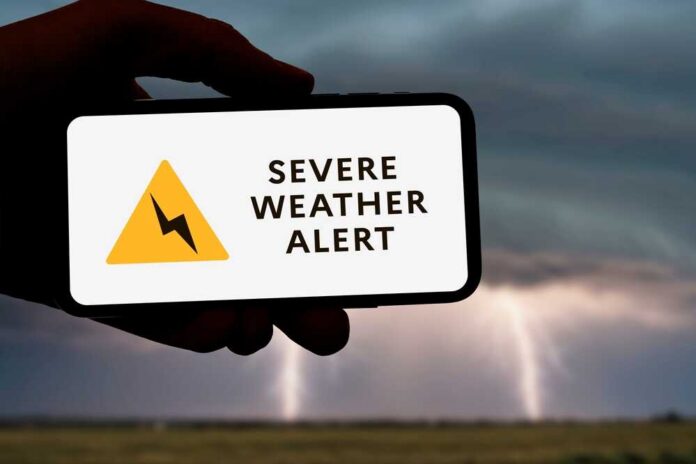 A hand holding a smartphone displaying a severe weather alert against a stormy background