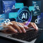 Hands typing on a laptop with AI graphics overlay
