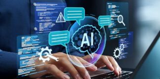 Hands typing on a laptop with AI graphics overlay