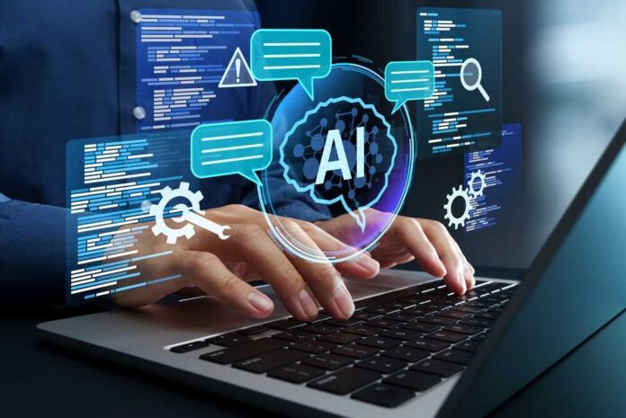 Hands typing on a laptop with AI graphics overlay