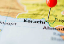 Close-up of a map showing Karachi with a red location pin