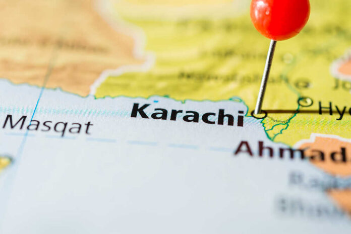 Close-up of a map showing Karachi with a red location pin