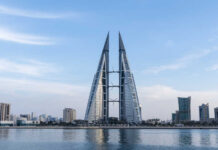 Twin towers in Bahrain against a city skyline