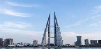 Twin towers in Bahrain against a city skyline