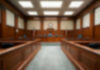 Blurred view of a courtroom with wooden furnishings