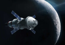 Spacecraft near the Moon in outer space