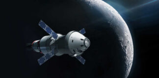 Spacecraft near the Moon in outer space