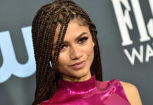 Zendaya posing at a red carpet event with braided hair and a shiny pink outfit