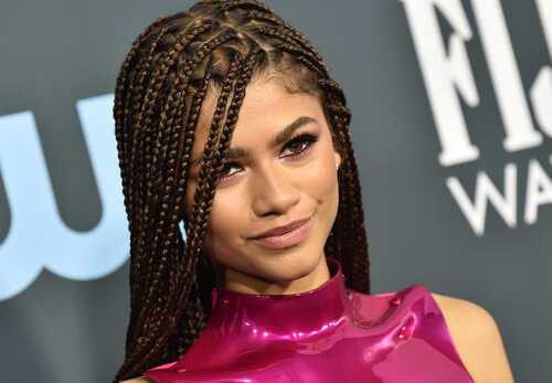 Zendaya posing at a red carpet event with braided hair and a shiny pink outfit
