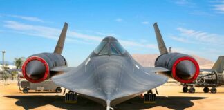 Front view of an SR-71 Blackbird military aircraft on display