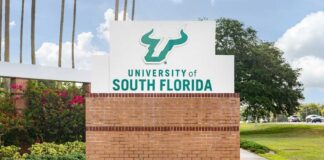 Sign for the University of South Florida displayed prominently