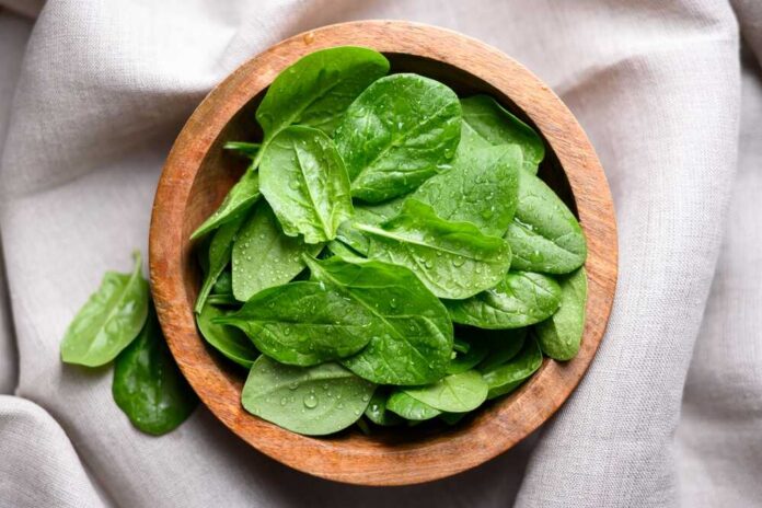 shutterstock_2511420911.jpg Fresh spinach leaves in a wooden bowl on a linen surface