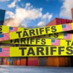 Tariff Refunds Blocked: Government Under Fire Yellow caution tape with the word 'TARIFFS' over a background of shipping containers