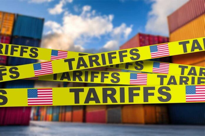 Yellow caution tape with the word 'TARIFFS' over a background of shipping containers
