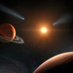 Relativity’s Dark Side: Twin Stars’ Hidden Curse A cosmic scene featuring multiple planets, a bright sun, and comets in space