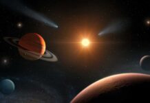 A cosmic scene featuring multiple planets, a bright sun, and comets in space