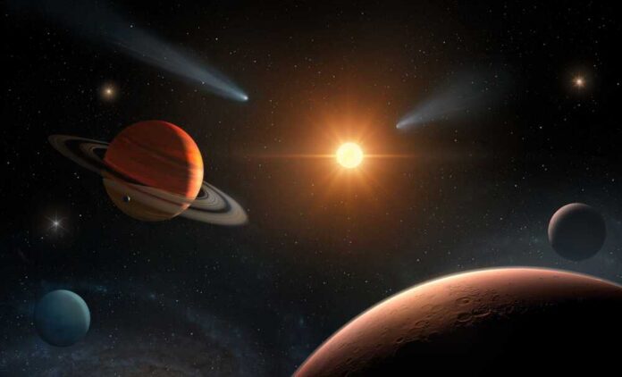 A cosmic scene featuring multiple planets, a bright sun, and comets in space