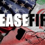 Ceasefire Ends—Is Conflict Next? Graphic representation of a ceasefire between the US and Iran with flags and handshake