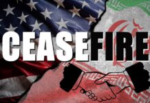 Graphic representation of a ceasefire between the US and Iran with flags and handshake