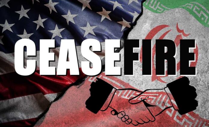 Graphic representation of a ceasefire between the US and Iran with flags and handshake