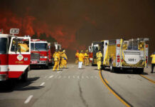 Firefighters battling large wildfire with fire trucks present