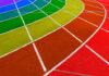 Colorful athletic track with curved lanes in various colors