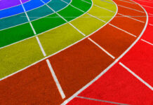 Colorful athletic track with curved lanes in various colors