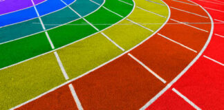 Colorful athletic track with curved lanes in various colors