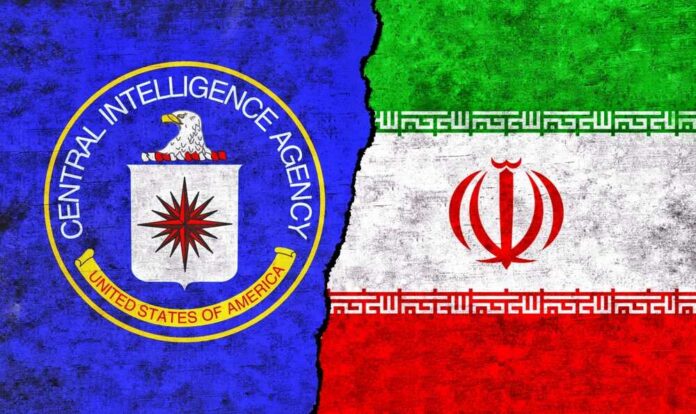CIA emblem alongside the flag of Iran, divided by a textured background