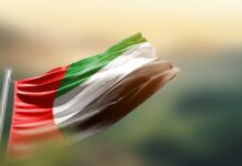 Flag of Sudan waving in the wind against a blurred background