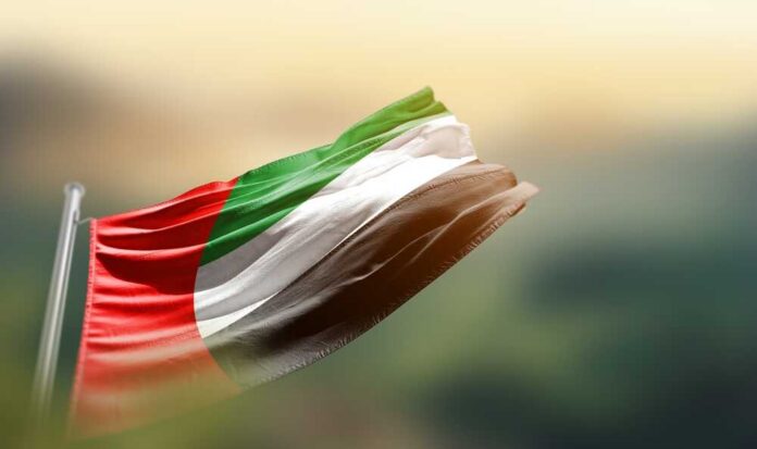 Flag of Sudan waving in the wind against a blurred background