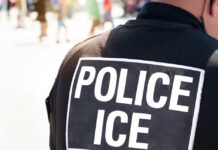 Close-up of a police officer's back with a 'POLICE ICE' badge
