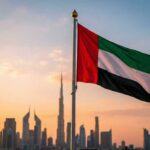 United Arab Emirates flag waving in front of a city skyline during sunset
