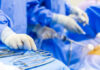 Surgical tools on tray in operating room setup