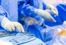 Surgical tools on tray in operating room setup